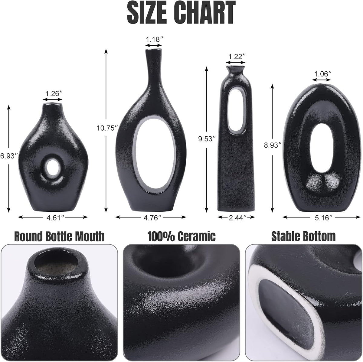 Black Ceramic Oval Donut Vase Set of 4 Nordic Black Round Vase, Boho Circle Hollow Round Vase for Decor, Matte Black Decorative Vase for Living Room, Centerpieces, Mantel, Entryway, Bookshelf, Table