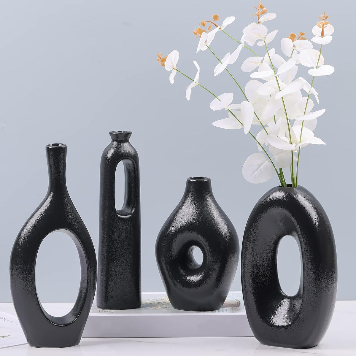 Black Ceramic Oval Donut Vase Set of 4 Nordic Black Round Vase, Boho Circle Hollow Round Vase for Decor, Matte Black Decorative Vase for Living Room, Centerpieces, Mantel, Entryway, Bookshelf, Table