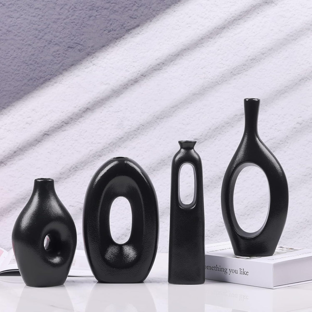 Black Ceramic Oval Donut Vase Set of 4 Nordic Black Round Vase, Boho Circle Hollow Round Vase for Decor, Matte Black Decorative Vase for Living Room, Centerpieces, Mantel, Entryway, Bookshelf, Table