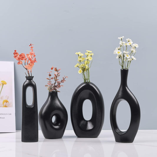 Black Ceramic Oval Donut Vase Set of 4 Nordic Black Round Vase, Boho Circle Hollow Round Vase for Decor, Matte Black Decorative Vase for Living Room, Centerpieces, Mantel, Entryway, Bookshelf, Table