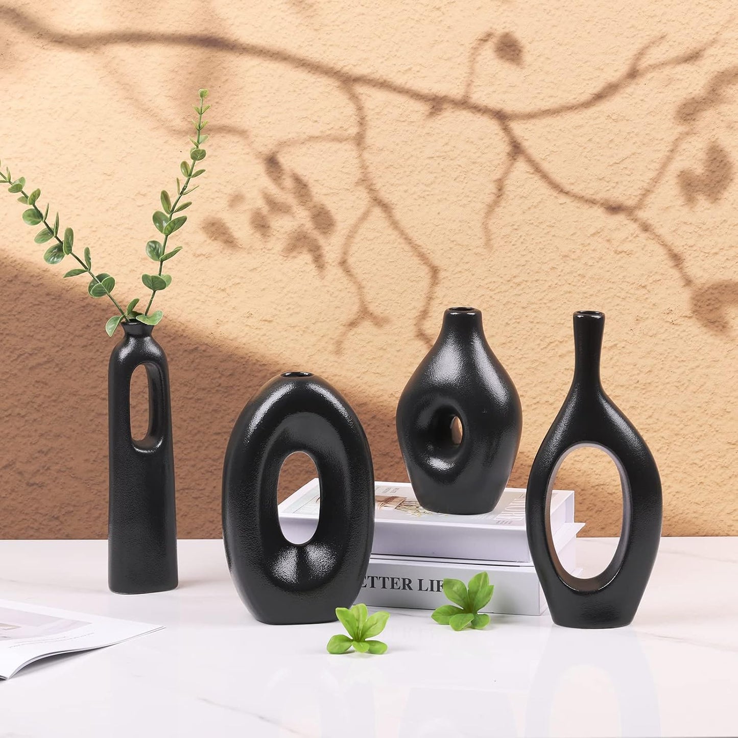 Black Ceramic Oval Donut Vase Set of 4 Nordic Black Round Vase, Boho Circle Hollow Round Vase for Decor, Matte Black Decorative Vase for Living Room, Centerpieces, Mantel, Entryway, Bookshelf, Table