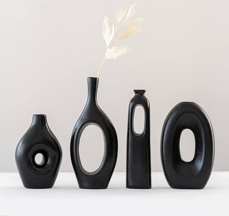 Black Ceramic Oval Donut Vase Set of 4 Nordic Black Round Vase, Boho Circle Hollow Round Vase for Decor, Matte Black Decorative Vase for Living Room, Centerpieces, Mantel, Entryway, Bookshelf, Table